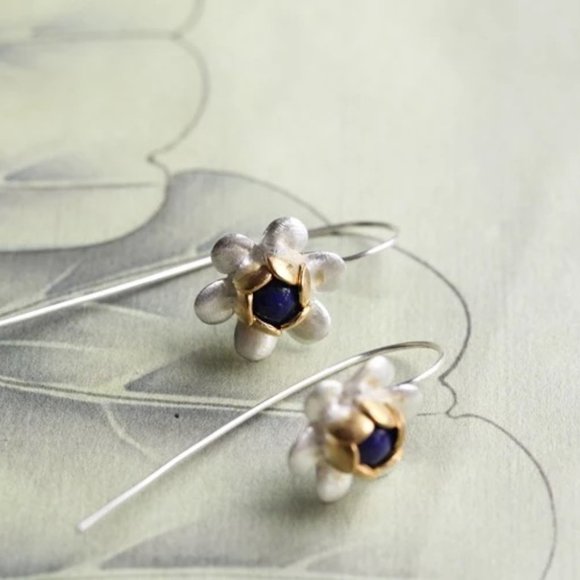 14k Gold Flower Long Fish Hook Earrings Sterling Silver - Picture 5 of 9